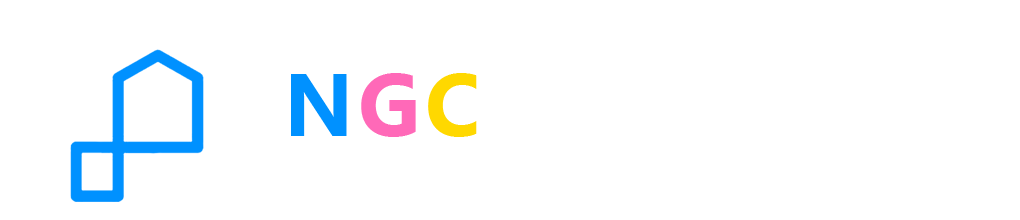 Logotipo de NGC Reformas con texto en color celeste, rosa, amarillo y blanco fondo trasparente